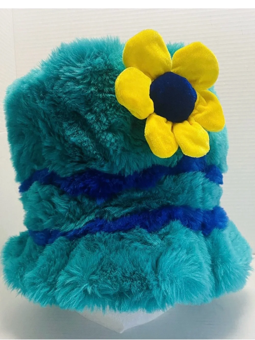 Costume Teal & Blue Fuzzy Faux Fur Hat with Yellow Flower - adjustable